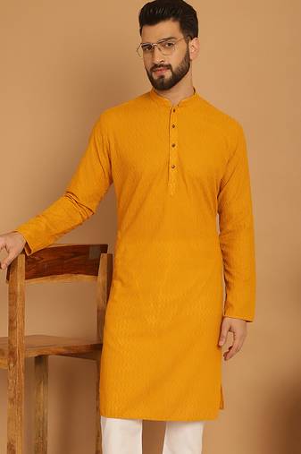 Yellow chikankari cotton embroidery men kurta