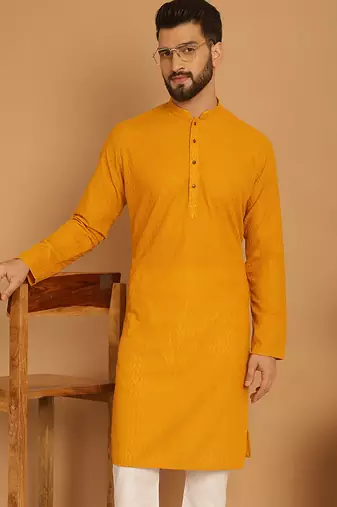 Yellow chikankari cotton embroidery men kurta
