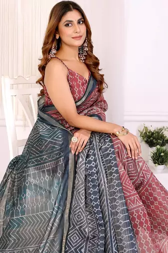 Orange printed art silk designer pallu saree