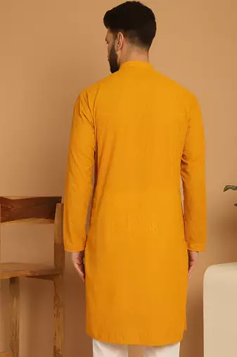 Yellow chikankari cotton embroidery men kurta