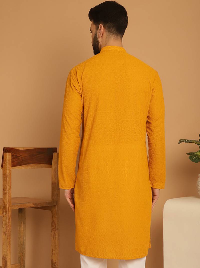 Yellow chikankari cotton embroidery men kurta