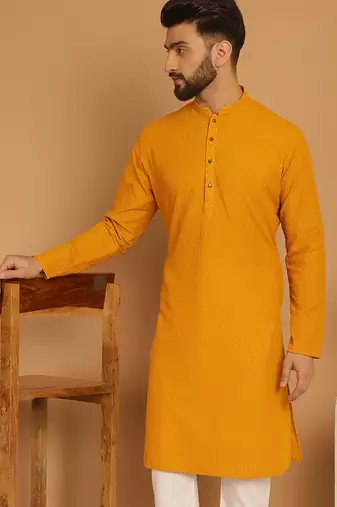 Yellow chikankari cotton embroidery men kurta