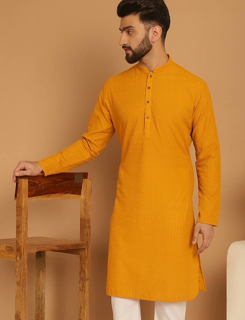 Yellow chikankari cotton embroidery men kurta
