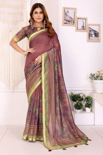 Onion pink printed art silk designer pallu saree