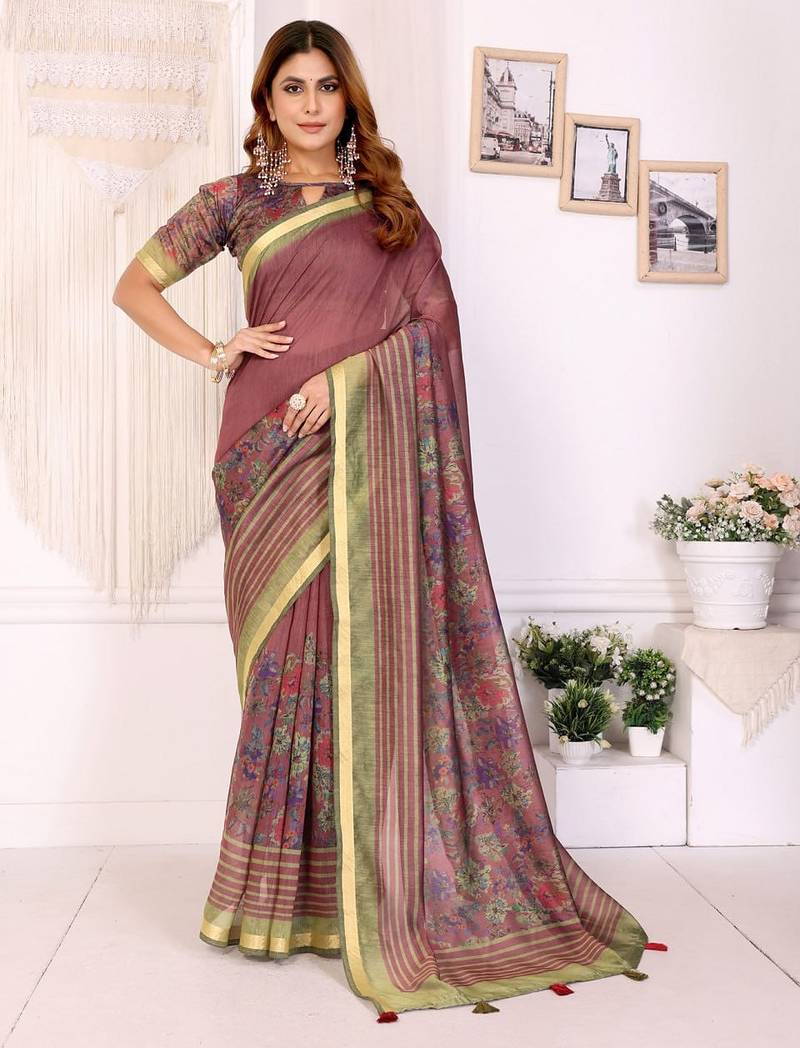 Onion pink printed art silk designer pallu saree