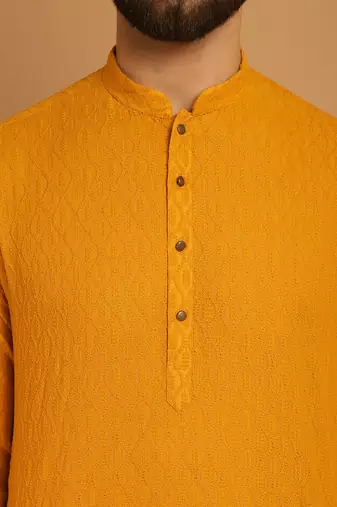 Yellow chikankari cotton embroidery men kurta