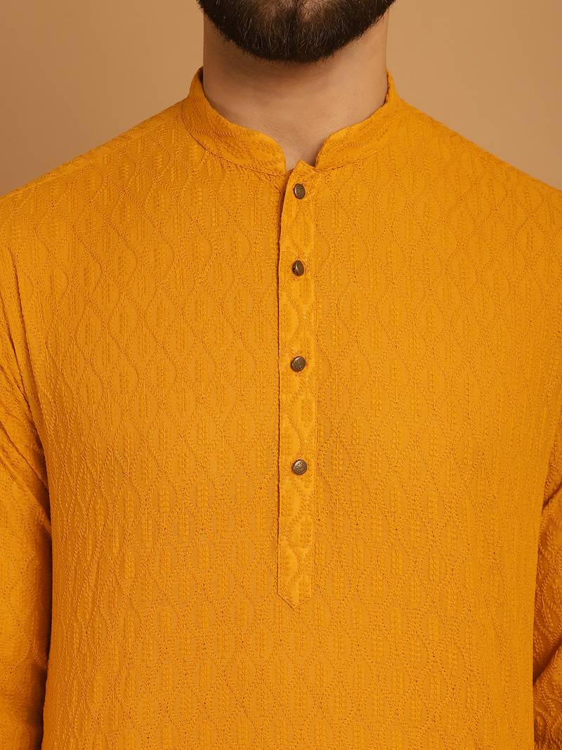 Yellow chikankari cotton embroidery men kurta