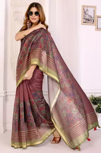 Onion pink printed art silk designer pallu saree