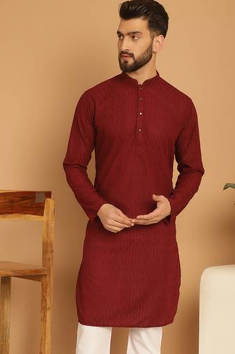 Maroon chikankari cotton embroidery men kurta