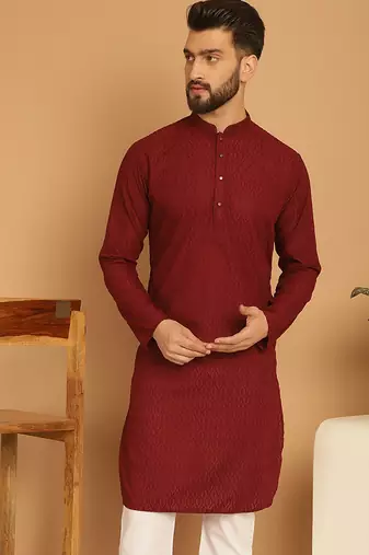 Maroon chikankari cotton embroidery men kurta