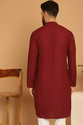 Maroon chikankari cotton embroidery men kurta