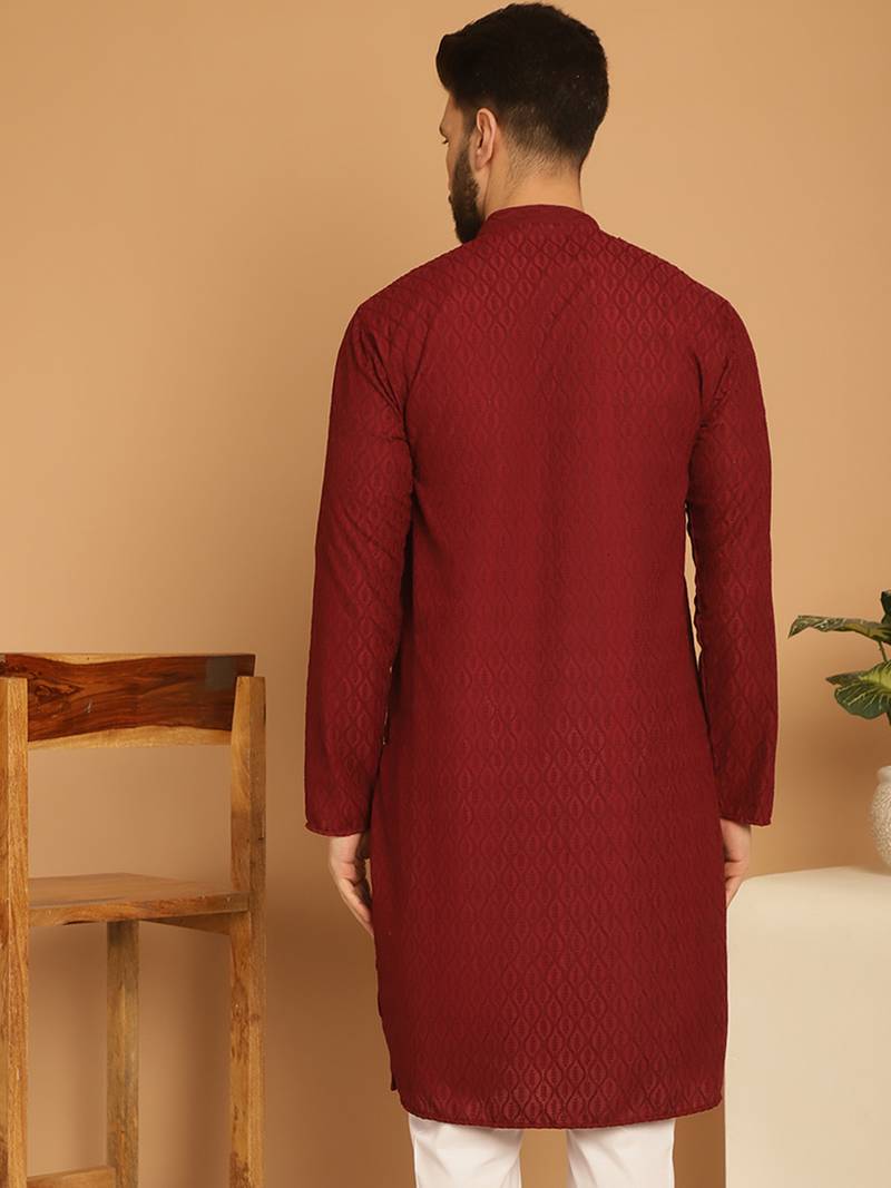 Maroon chikankari cotton embroidery men kurta