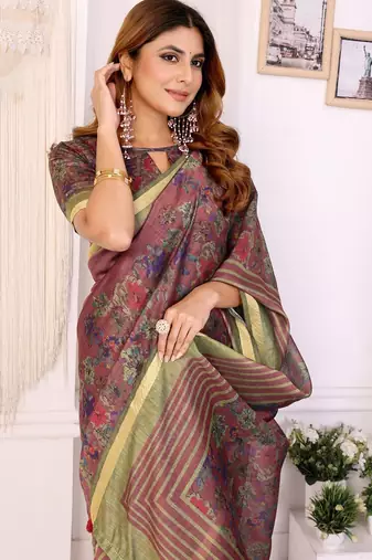 Onion pink printed art silk designer pallu saree