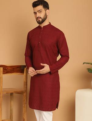 Maroon chikankari cotton embroidery men kurta 3