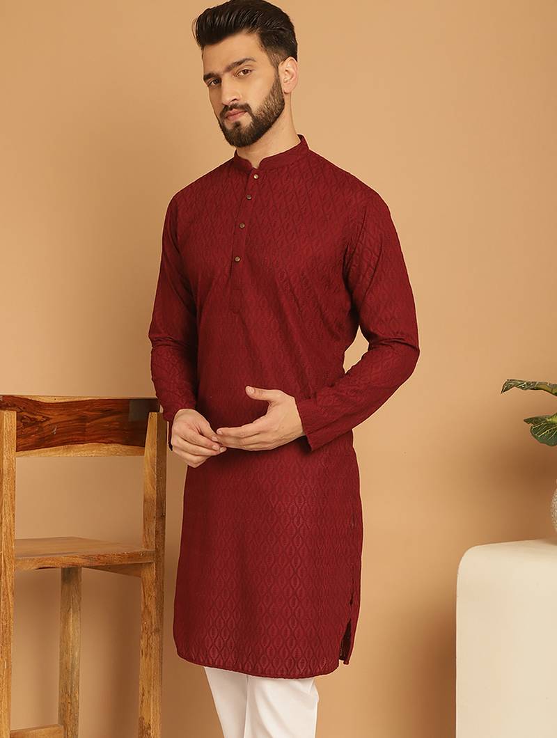 Maroon chikankari cotton embroidery men kurta