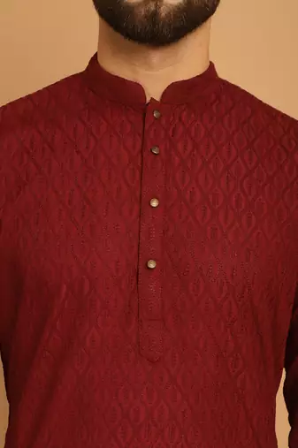 Maroon chikankari cotton embroidery men kurta