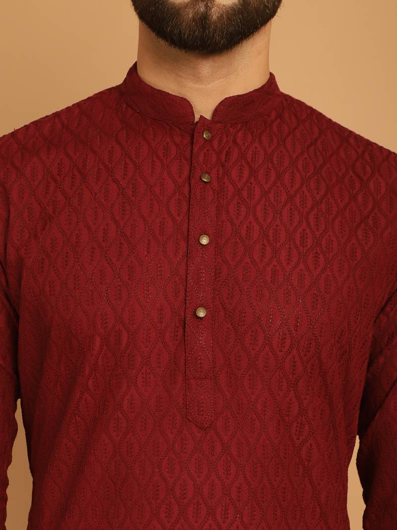Maroon chikankari cotton embroidery men kurta