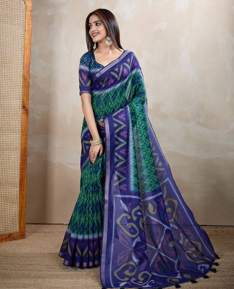 Light green printed art silk designer pallu saree