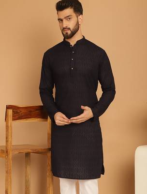 Black chikankari cotton embroidery men kurta 1