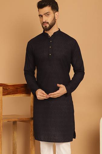 Black chikankari cotton embroidery men kurta