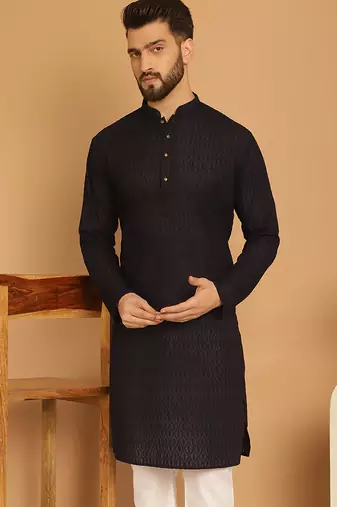 Black chikankari cotton embroidery men kurta