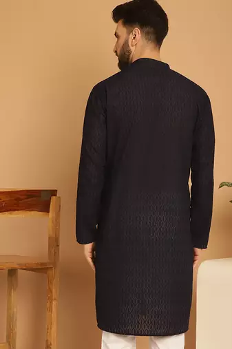 Black chikankari cotton embroidery men kurta
