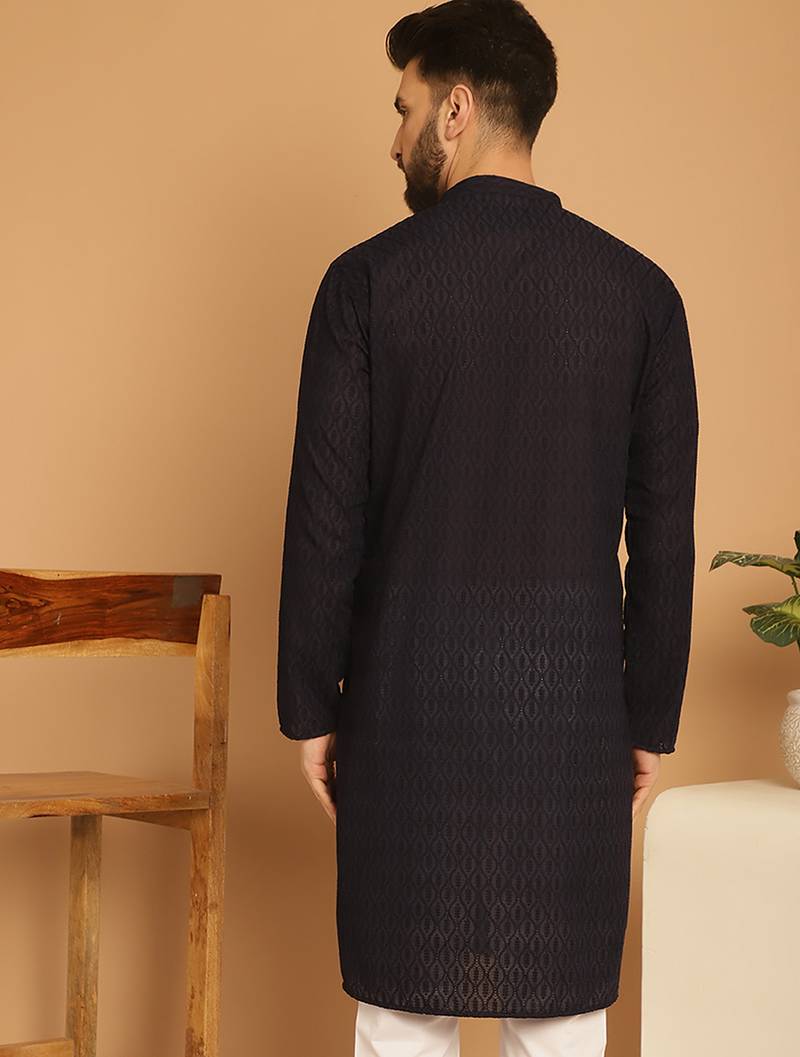 Black chikankari cotton embroidery men kurta
