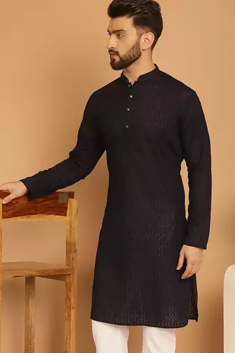 Black chikankari cotton embroidery men kurta