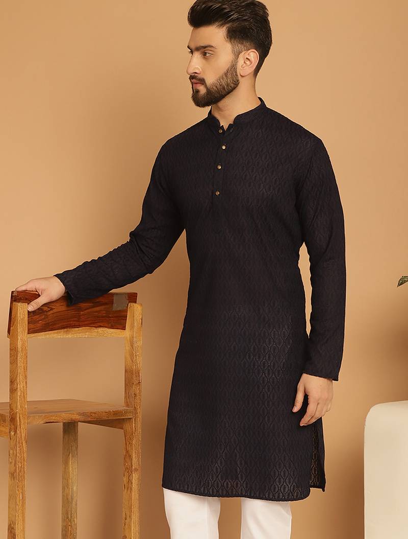 Black chikankari cotton embroidery men kurta