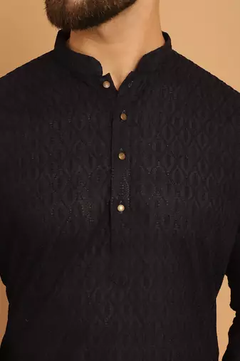 Black chikankari cotton embroidery men kurta