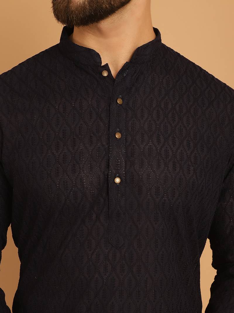 Black chikankari cotton embroidery men kurta