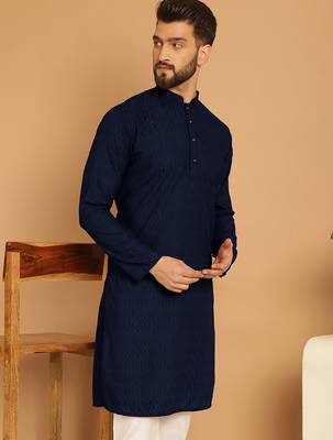 Navy blue chikankari cotton embroidery men kurta 1