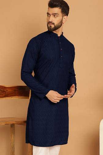 Navy blue chikankari cotton embroidery men kurta