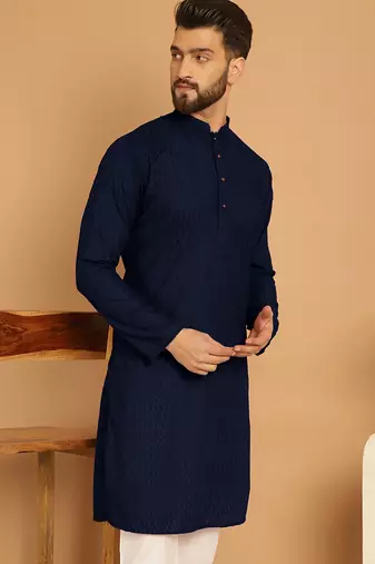 Navy blue chikankari cotton embroidery men kurta