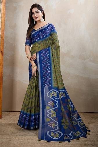 Mehendi printed art silk designer pallu saree