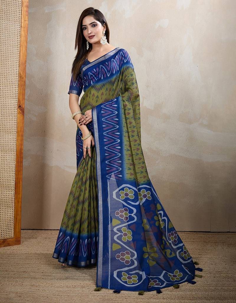 Mehendi printed art silk designer pallu saree