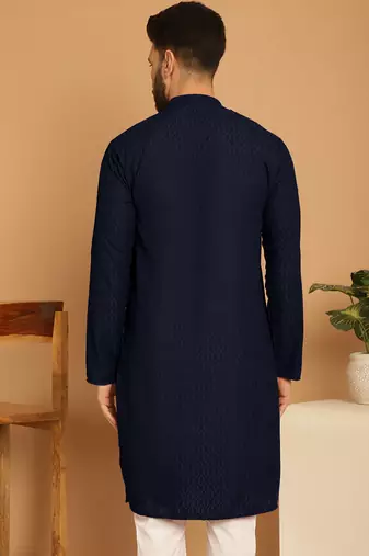 Navy blue chikankari cotton embroidery men kurta