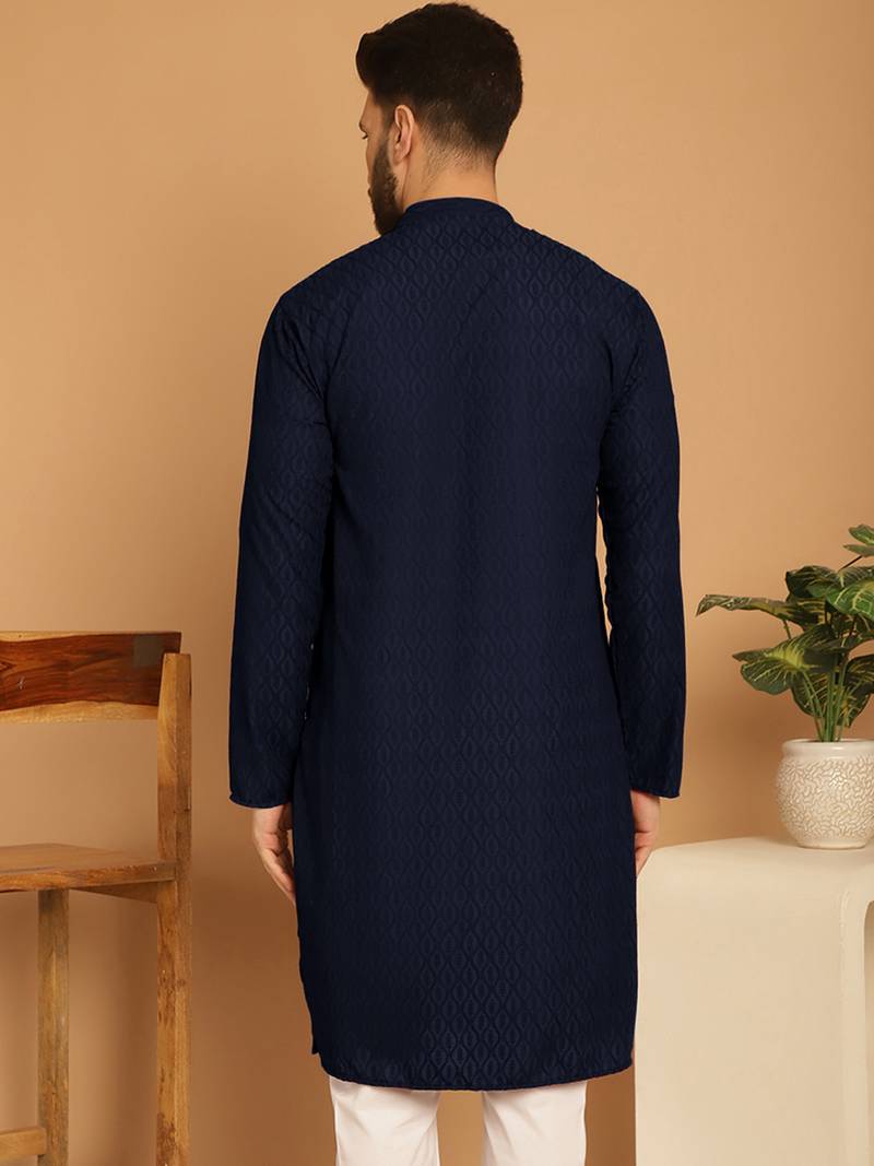 Navy blue chikankari cotton embroidery men kurta