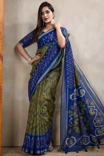 Mehendi printed art silk designer pallu saree