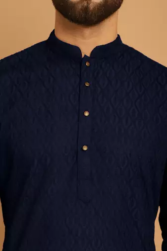 Navy blue chikankari cotton embroidery men kurta