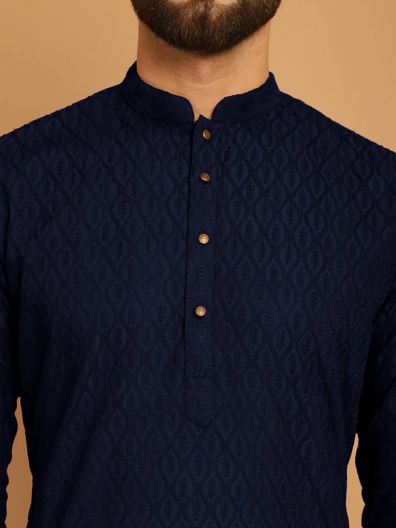 Navy blue chikankari cotton embroidery men kurta