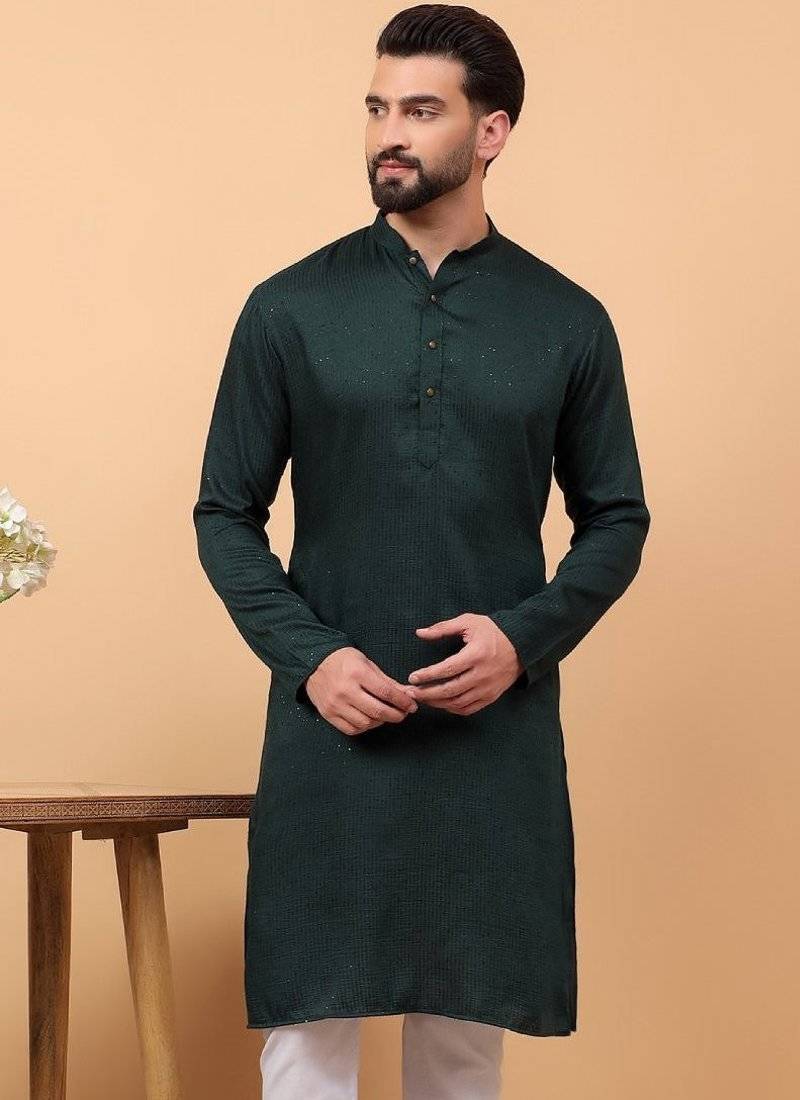 Green sequins work rayon men kurta