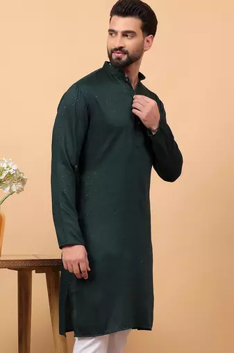 Green sequins work rayon men kurta