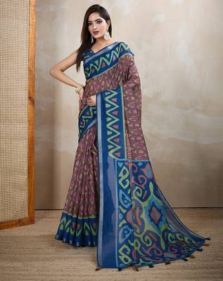 Brown printed art silk designer pallu saree 1