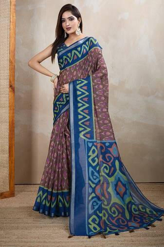 Brown printed art silk designer pallu saree