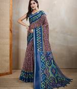 Brown printed art silk designer pallu saree