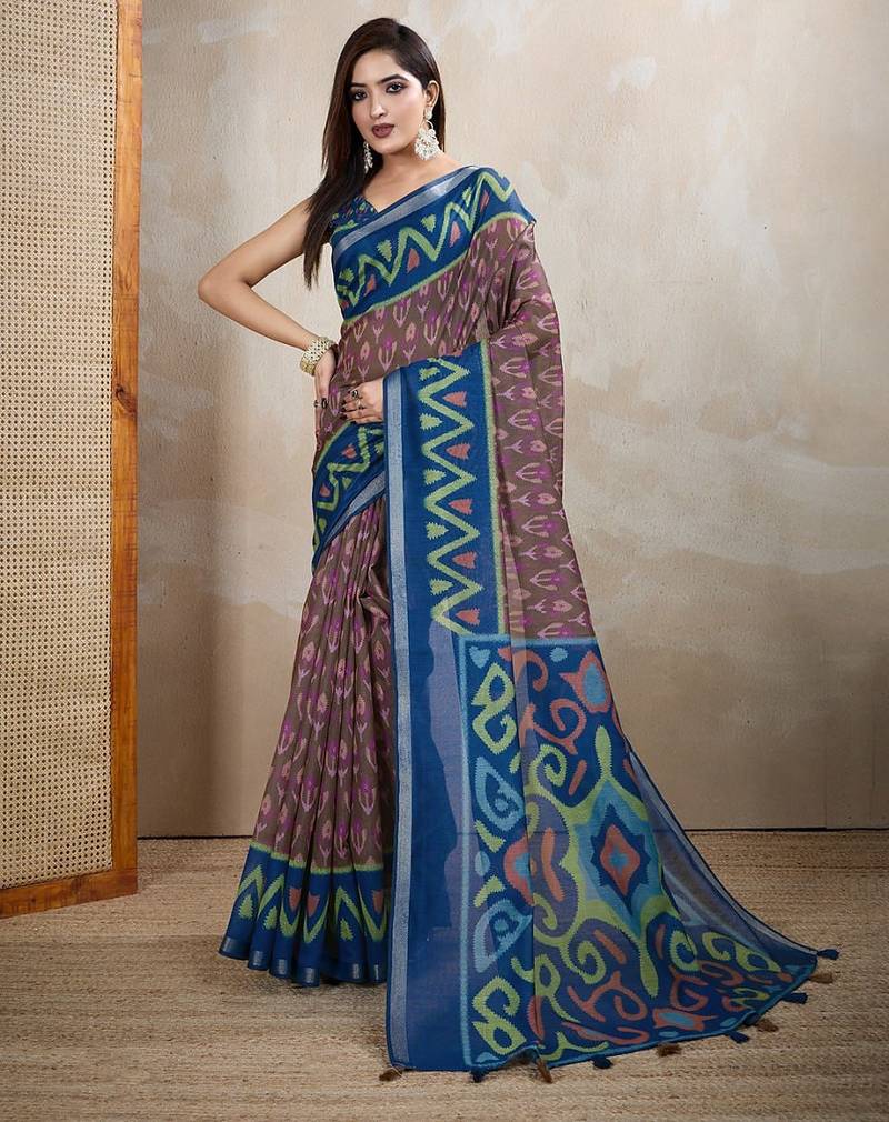 Brown printed art silk designer pallu saree