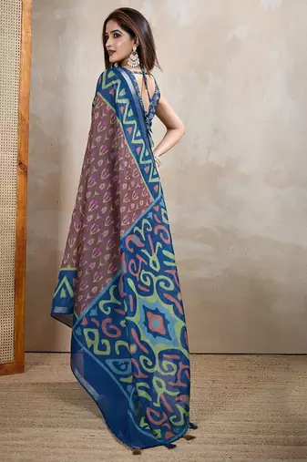Brown printed art silk designer pallu saree