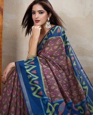 Brown printed art silk designer pallu saree 4