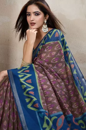 Brown printed art silk designer pallu saree
